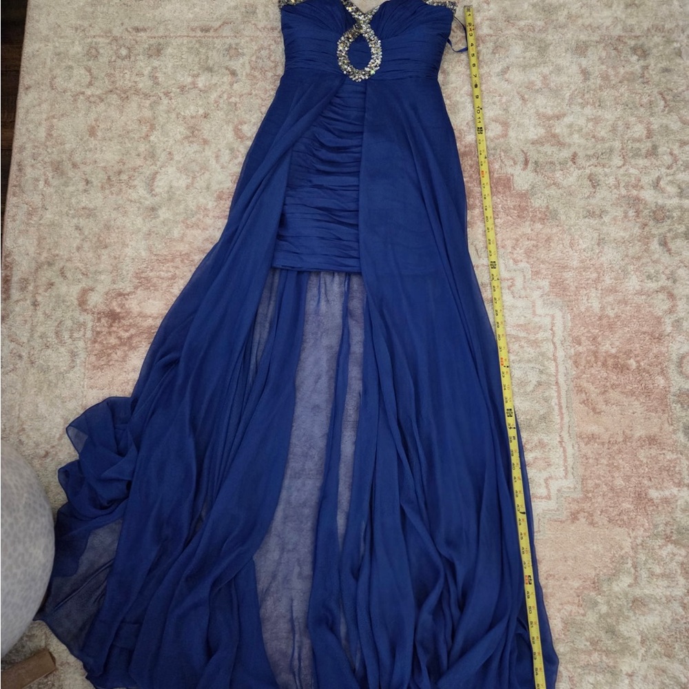 Strapless Royal Blue Evening High-Low Dress with Embellished Bodice - Picture 6 of 10